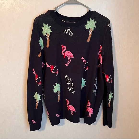 Studio Park Black Sweater with Pink Flamingos and Tropical Pattern - Picture 1 of 4